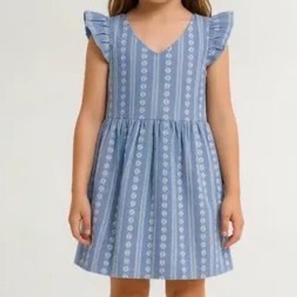 Girls Blue White Striped Floral Ruffle Flutter Sleeve V-Neck Summer Dress